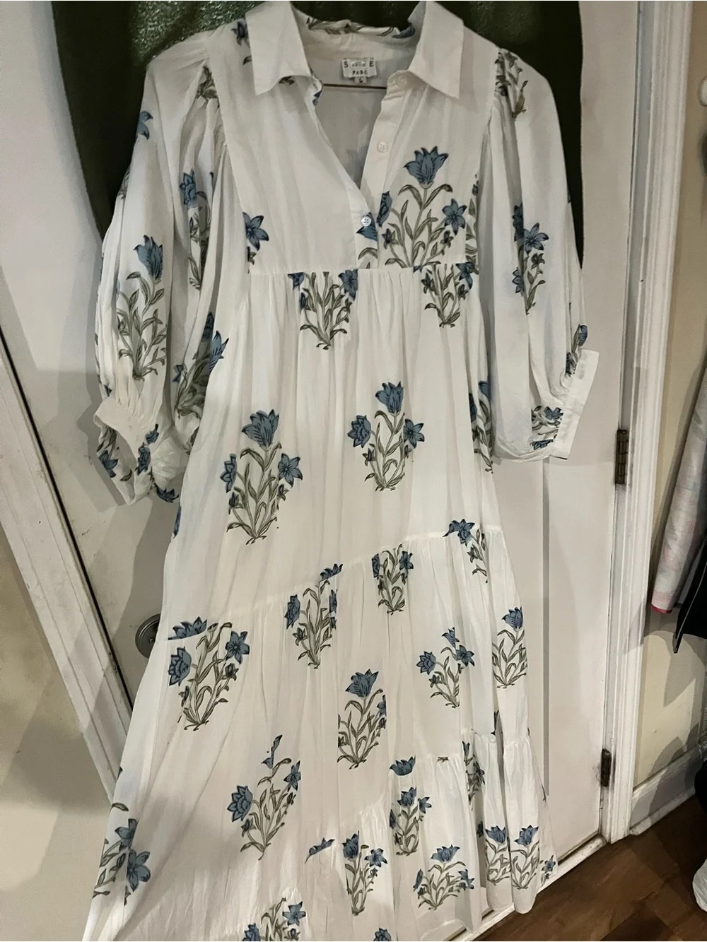 White Floral Tiered Maxi Dress with Blue Print made by Saule PARC - Picture 2 of 6